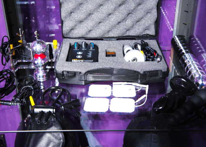 Image of E-stim electropebble power box and assorted electrodes in North East Dungeon