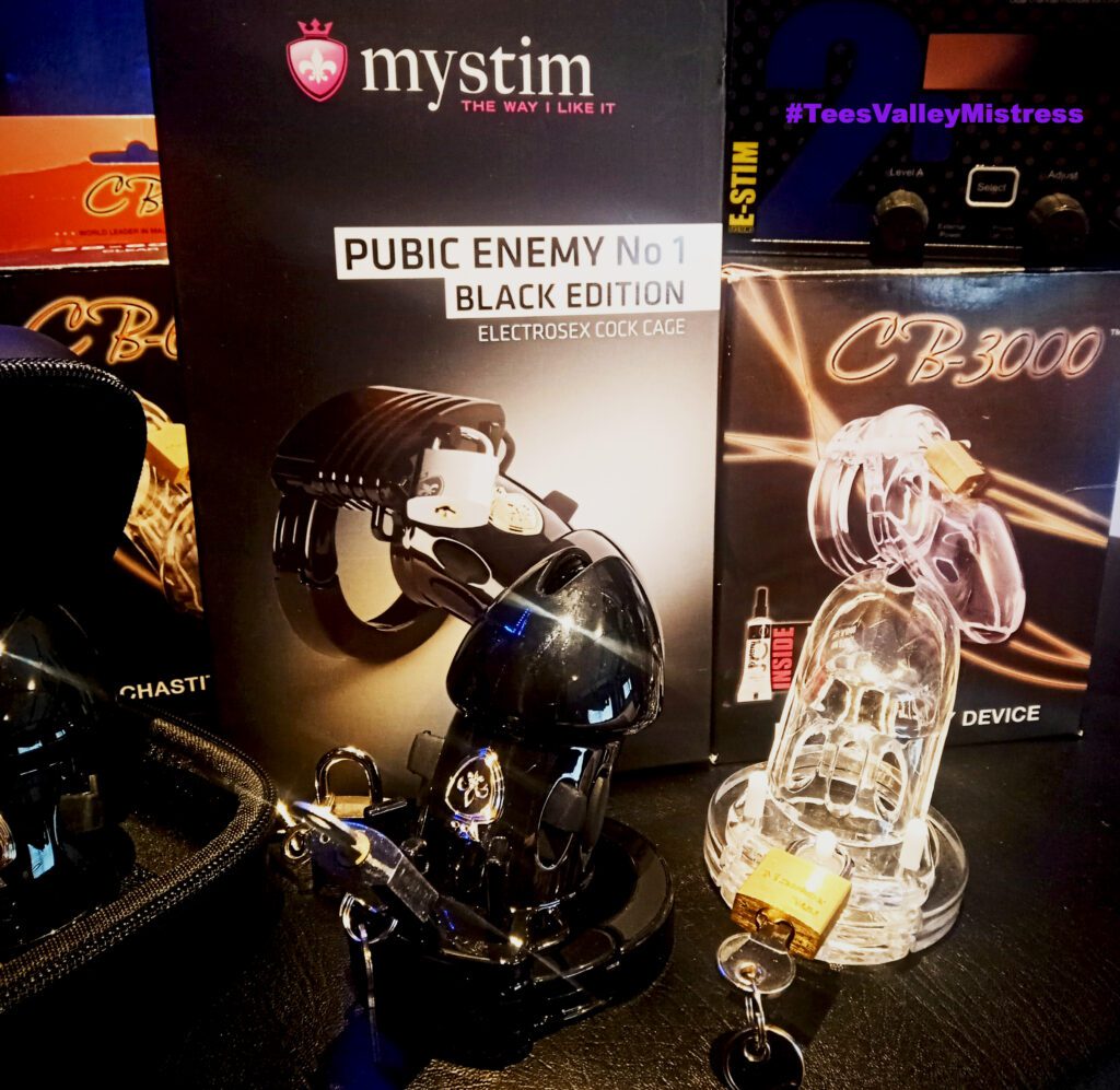 CB3000, CB6000 & MyStim Public Enemy electro chastity training devices in a northeast UK dungeon playroom